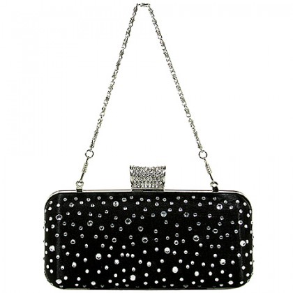 Evening Bag - 12 PCS - Metal Frame w/ Rhinestones & Studs Embellishment - Black - BG-1147AS-BK